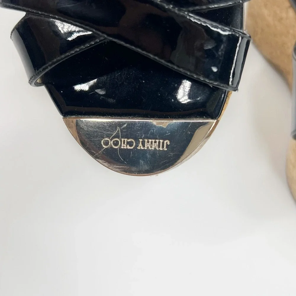 JIMMY CHOO Black Pandora Patent Leather Cork Wedge Platform Sandals 7 (37)